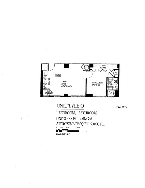 Floor plan for 1 bed, 1 bath, 560 sqft